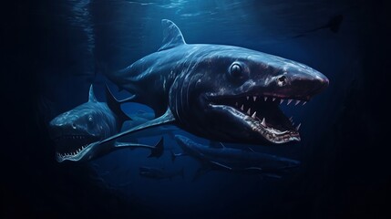 Fototapeta premium Two Cookiecutter Sharks Silently Stalking and Hunting in the Mysterious and Eerie Darkness of the Deep Ocean Depths