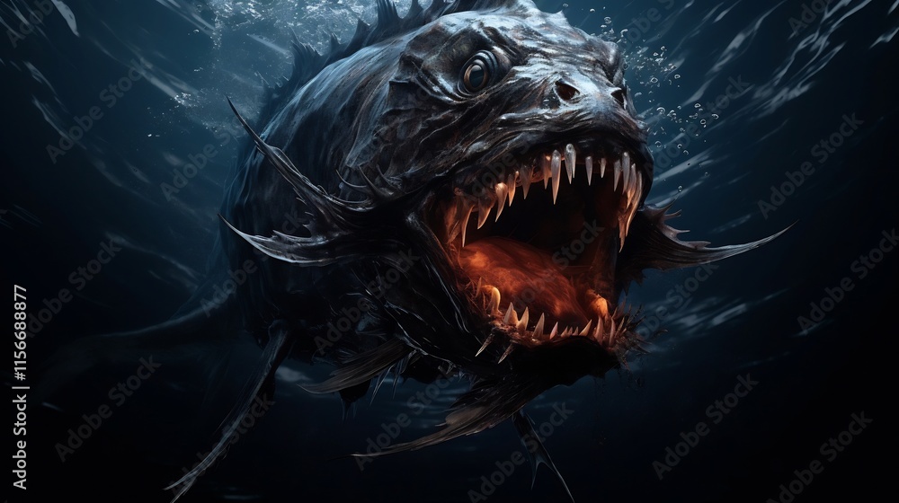 Poster depiction of a fearsome fangtooth fish with its razor sharp menacing jaws lurking in the mysterious 