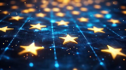 Golden stars glowing on a dark blue digital background.