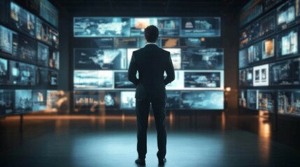 Fototapeta premium Businessman Analyzing Futuristic Screen with Multiple Images and Self service, software
