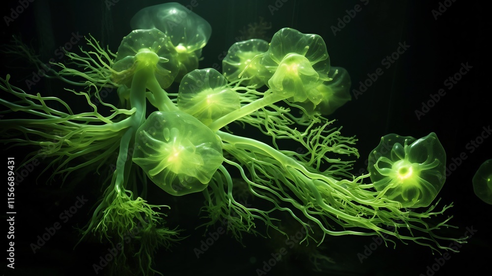Poster mesmerizing cluster of bioluminescent algae drifting in the serene deep waters of the abyssal ocean 