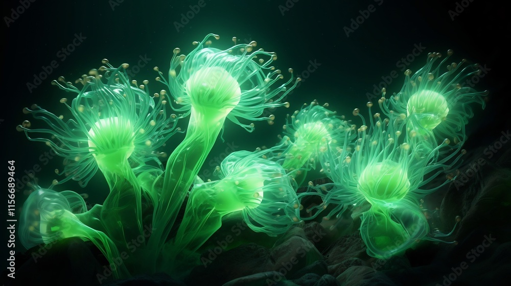 Poster mesmerizing cluster of glowing bioluminescent algae drifting in the serene mysterious depths of the 