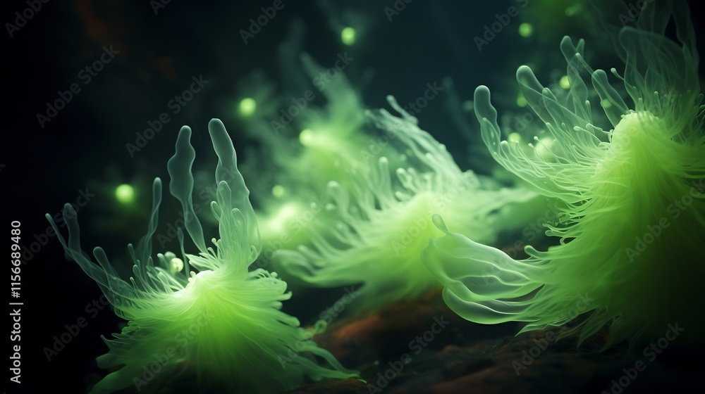 Poster ethereal cluster of bioluminescent algae floating in the tranquil mysterious depths of the abyssal o
