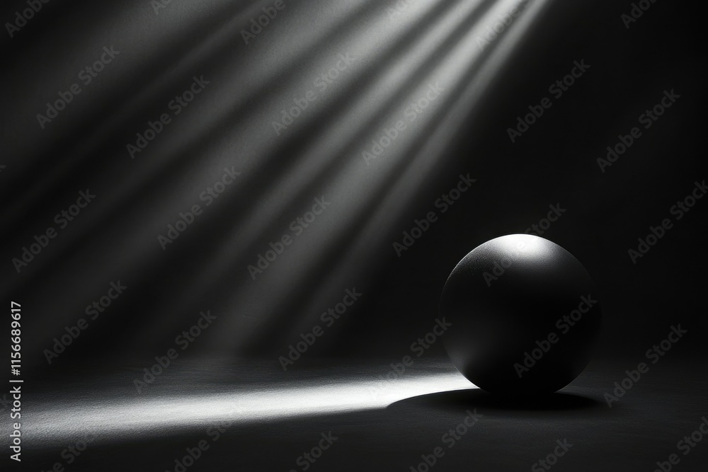 Poster a dark sphere illuminated by dramatic light rays casting shadows on a dark surface.