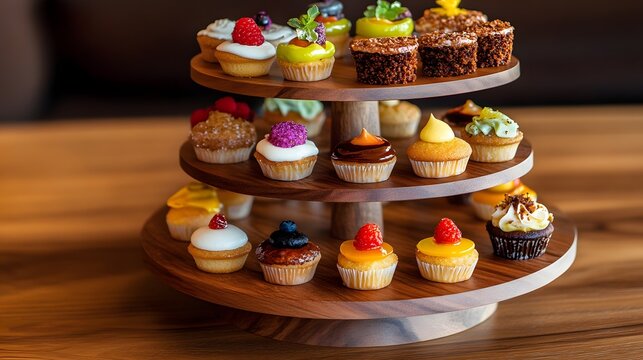 Assorted Mini Cupcakes Displayed On A Three Tiered Stand