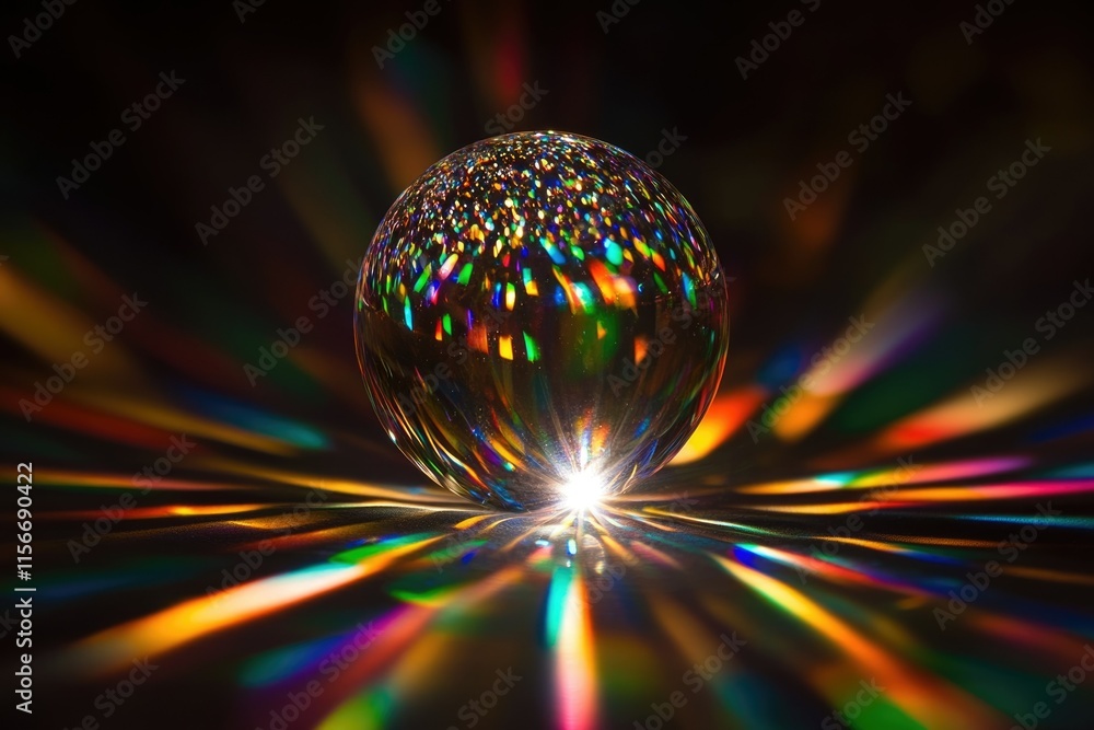 Poster a crystal sphere refracts light, creating a mesmerizing display of vibrant, colorful rays and sparkl