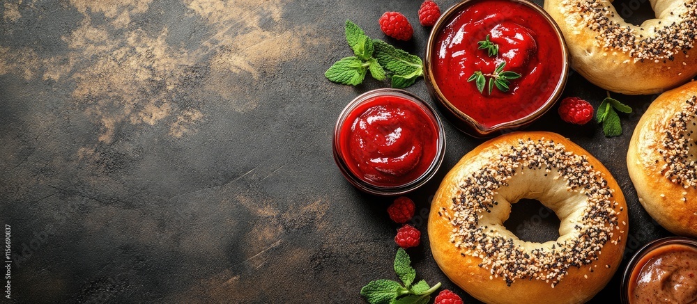 Poster assortment of fresh bagels with vibrant spreads and garnish on rustic background perfect for text ov