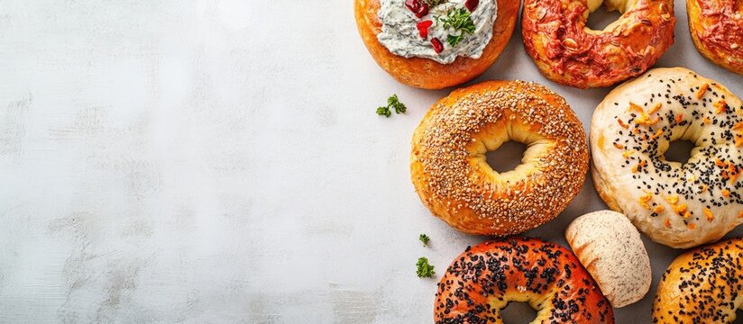 Assorted fresh bagels with spreads on a light background ideal for text placement and food advertising