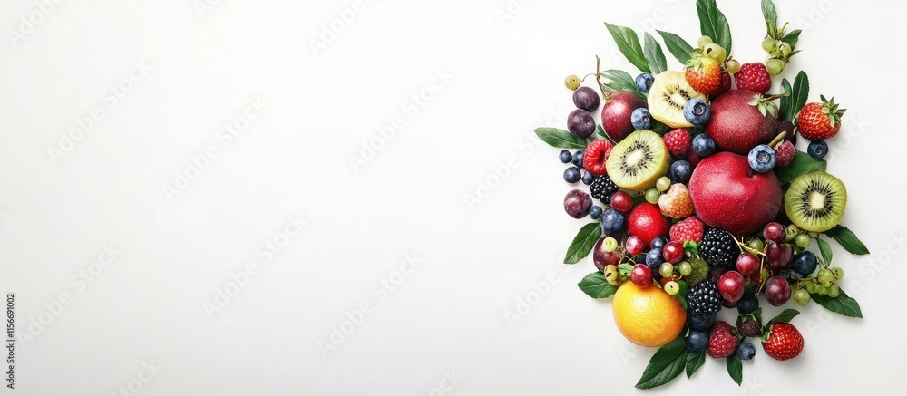 Poster Fresh Assorted Berries and Fruits Arrangement on White Background with Blank Space for Creative Text and Design Elements