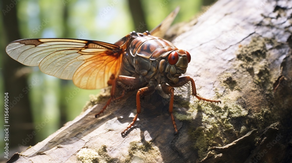 Poster close up view of a cicada insect resting on the detailed textured bark of a tree with its wings fold