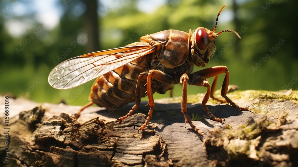 Poster closeup detailed shot of a cicada resting on the bark of a tree with its delicate wings folded back 