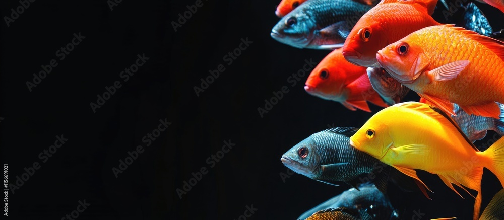 Aufkleber vibrant assorted fish collection displayed against dark background with space for marketing text or 