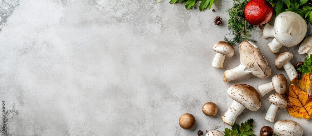Poster assorted fresh mushrooms and herbs displayed on a kitchen table with a blank space for text or recip