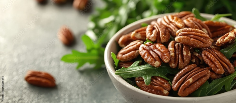 Poster arugula salad with pecans beautifully arranged on a textured table with ample blank space for creati