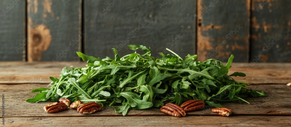 Poster fresh arugula salad with pecans arranged on rustic wooden table featuring ample blank space for text