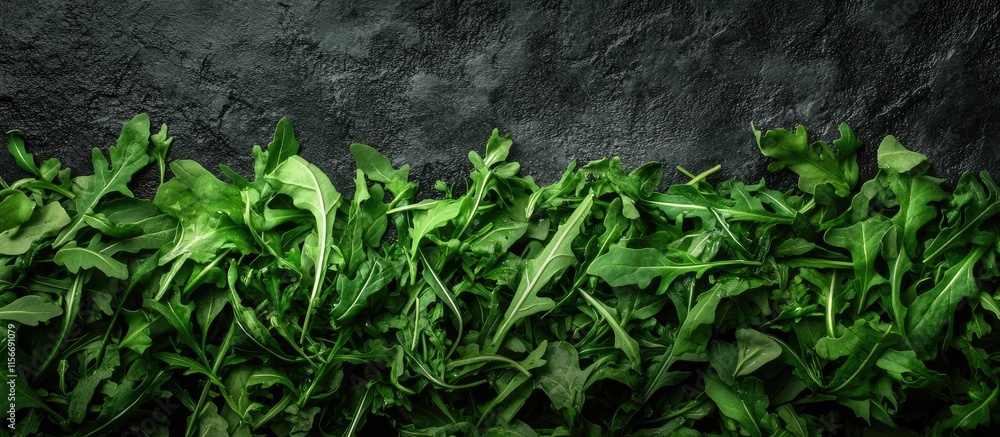 Poster arugula salad with pecans on a table against a dark textured background with space for additional te
