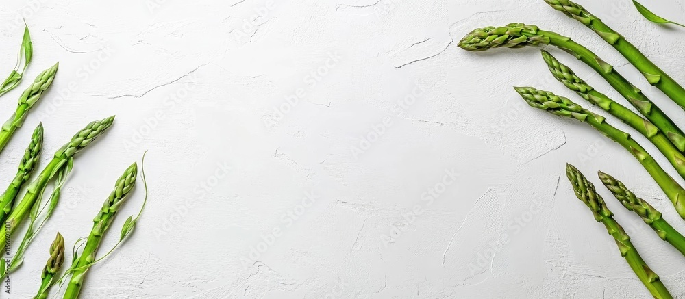 Poster fresh asparagus arranged on a clean white surface with ample negative space ideal for text or graphi