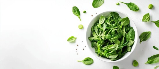 Obraz premium Fresh Arugula and Spinach Salad in a Bowl Surrounded by Leafy Greens with Space for Spring Recipe Text or Branding