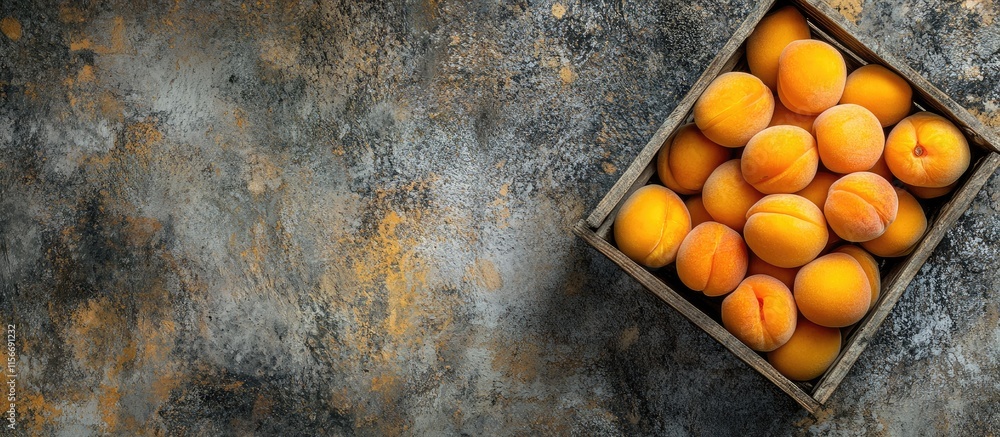 Poster fresh apricots in a wooden crate on a textured stone background with ample negative space for creati
