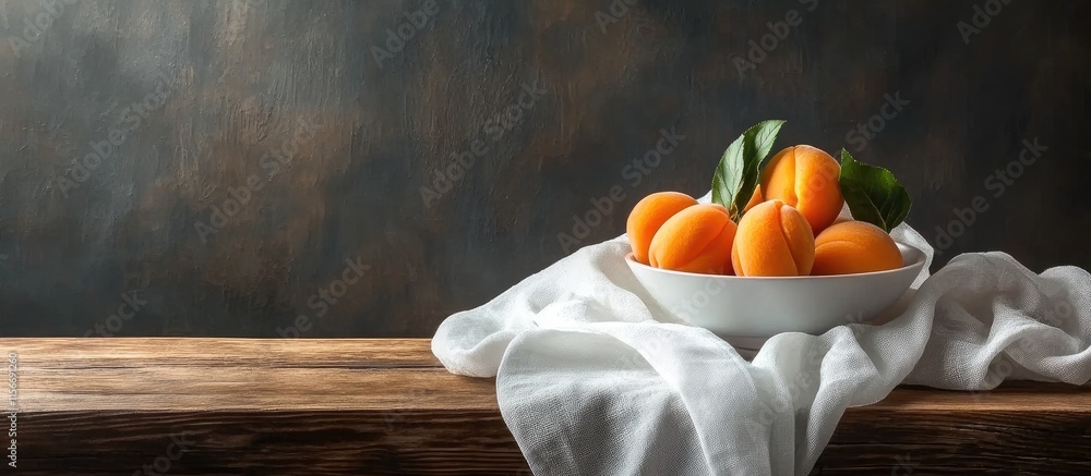 Poster fresh apricots in a bowl with white cloth on rustic wooden table showcasing a romantic setting and e