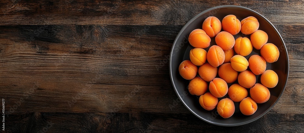 Poster fresh apricots arranged in a bowl on rustic wooden background with ample space for text and design e