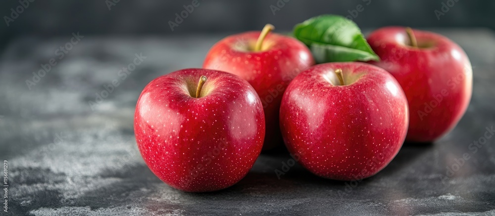 Poster red apples on dark surface with fresh green leaves and space for text or branding in a culinary or n