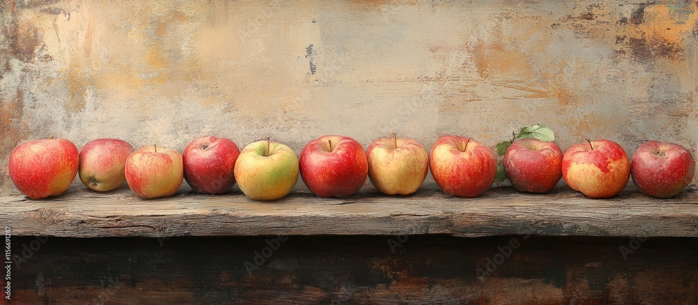 Poster colorful assorted apples arranged on weathered wooden plank with blank space for custom text or bran