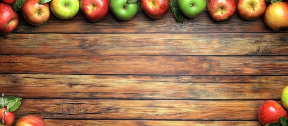 Poster freshly harvested colorful apples on rustic wooden table with space for custom text or branding