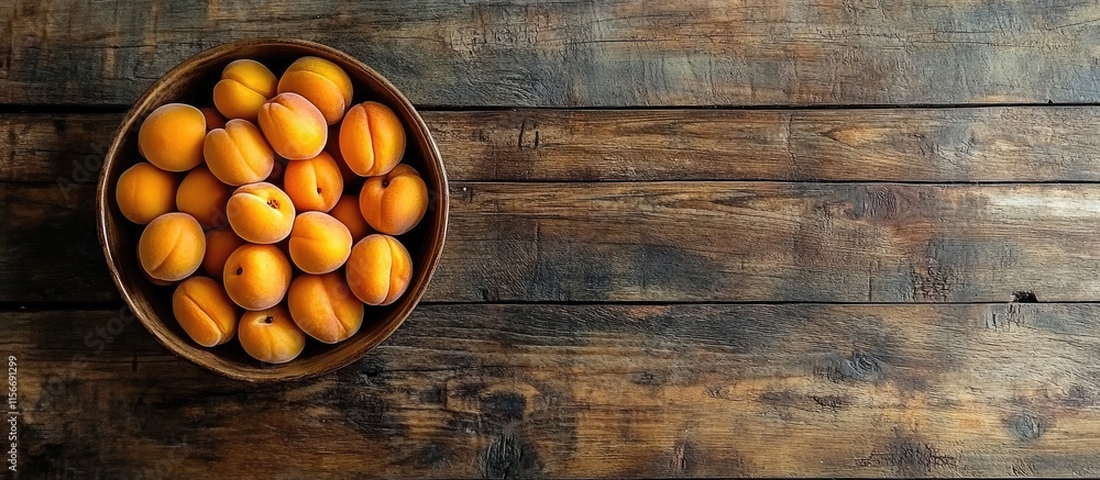 Poster fresh apricots in a wooden bowl on a rustic table with ample space for text and design elements for 