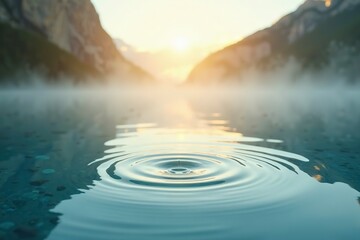 Naklejka premium Serene sunlit water surface with gentle ripples, reflecting golden hues of the sky, surrounded by a dreamy misty background, evoking a tranquil and meditative atmosphere.