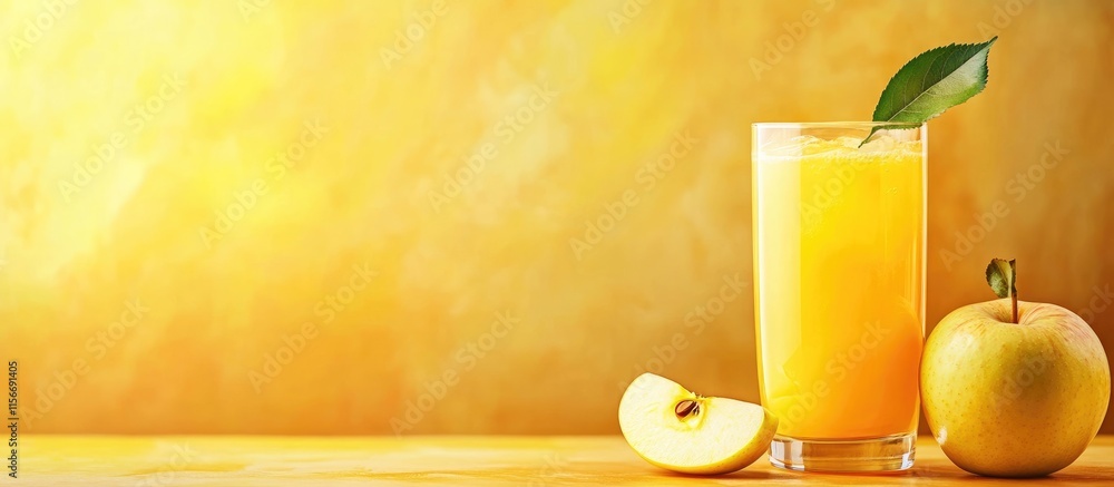 Poster refreshing glass of apple juice with a whole apple and blank space for custom text on a vibrant yell