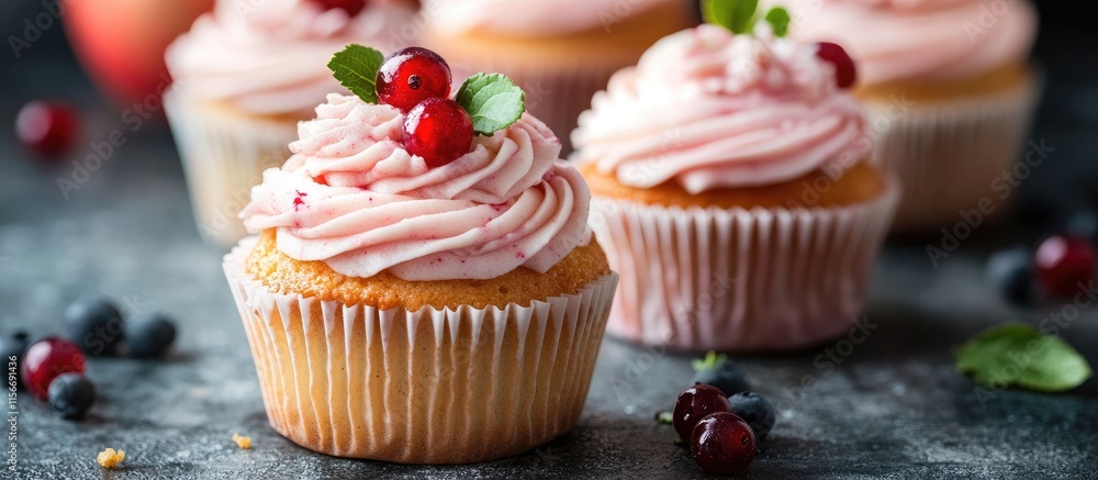Poster delicious apple cupcakes topped with berry cream and fresh berries on rustic background with empty s
