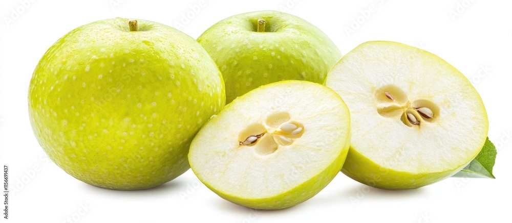 Poster green apple arrangement on white background with cut segment and space for text for health and nutri