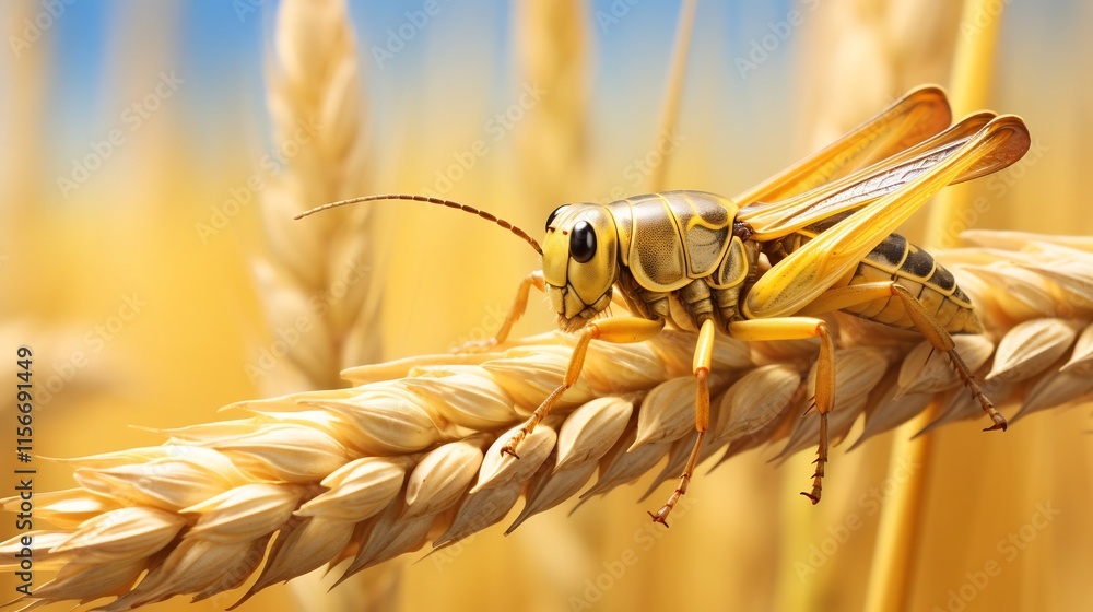 Aufkleber close up view of a grasshopper resting on a wheat stalk in a vast golden wheat field with a serene a
