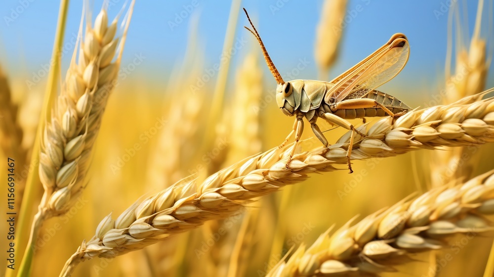Poster close up view of a grasshopper resting on a wheat stalk in a sprawling golden field showcasing the b