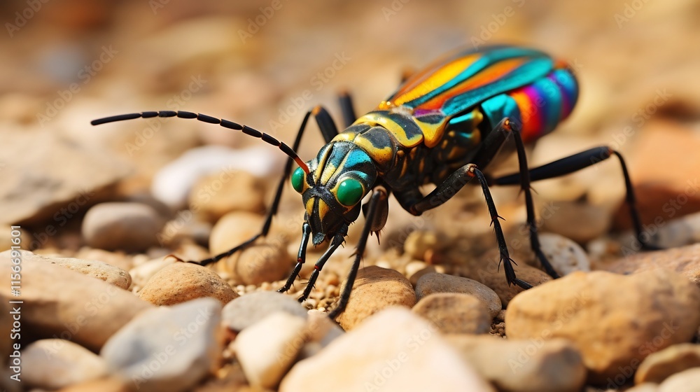 Poster vibrant tiger beetle exploring the sandy ground in its natural habitat a close up macro shot capturi