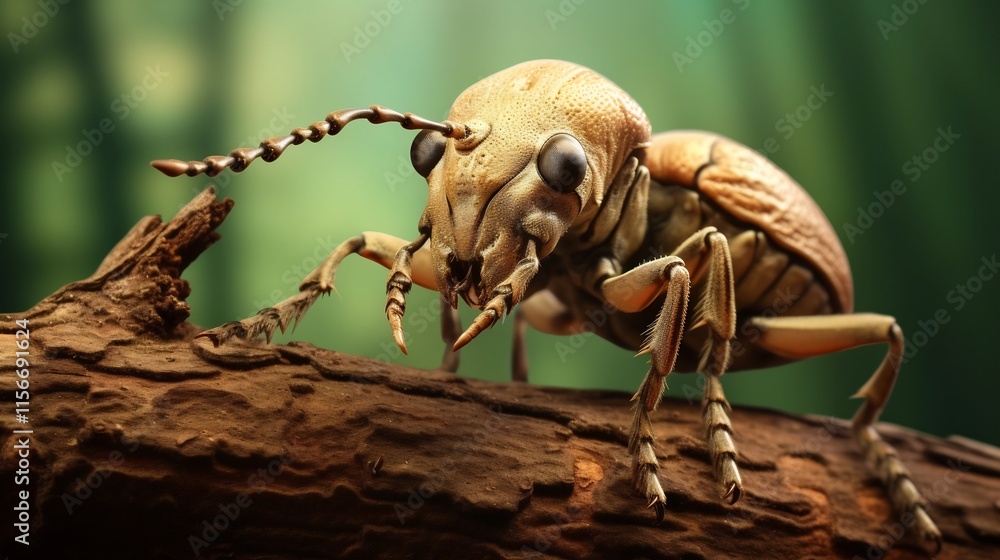 Poster detailed closeup photograph of a weevil a type of small beetle crawling on a tree branch and showcas