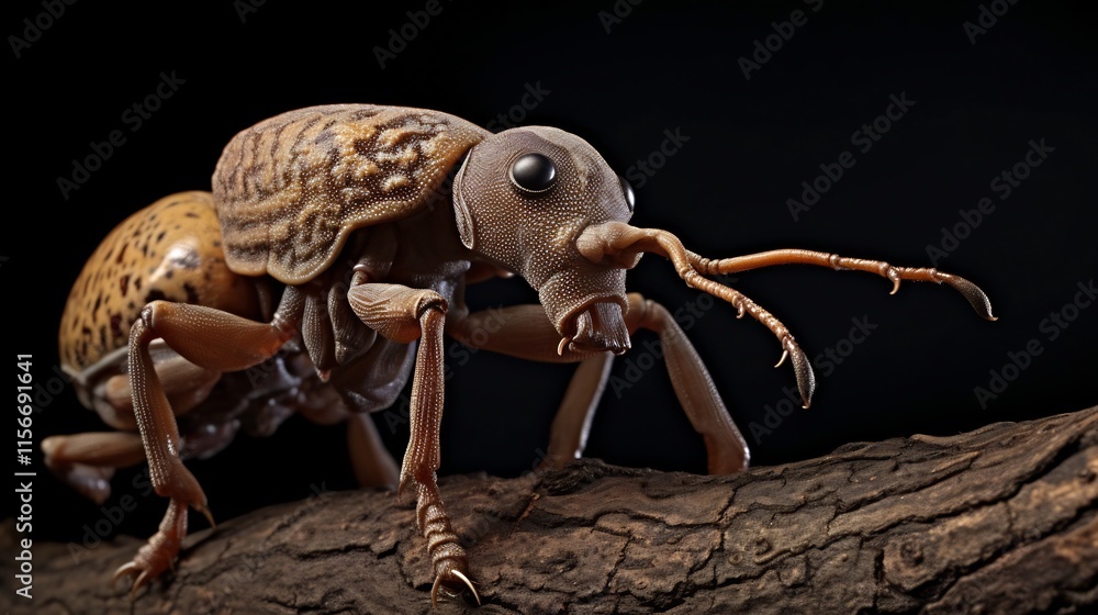 Poster closeup photograph of a weevil a small beetle like insect crawling on the surface of a tree branch a