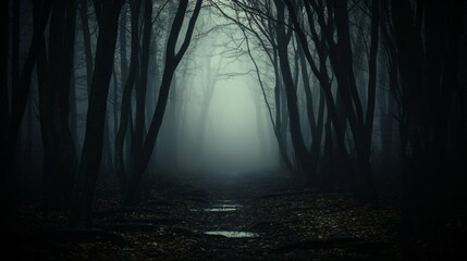 Foggy forest path with tall trees and mysterious Spooky misty