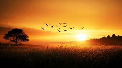 Peaceful Sunrise Landscape with Birds Flying in Silhouette cross