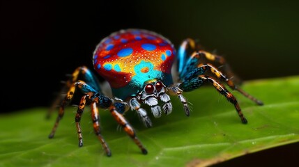Fototapeta premium Captivating close up of a vibrant peacock spider performing an intricate courtship dance on a lush green leaf