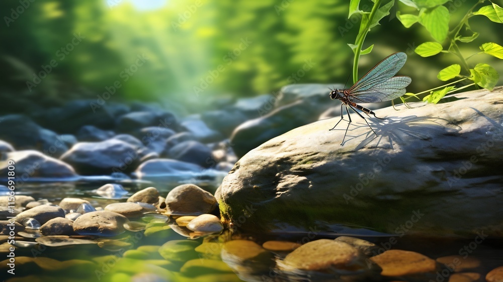 Poster closeup of a delicate mayfly insect resting on a rock by a flowing stream in the soft warm sunlight 