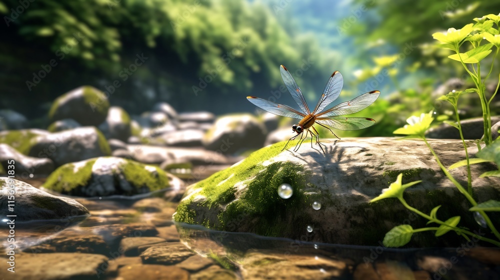 Poster a delicate mayfly resting on a rock by a tranquil running stream in the soft diffused sunlight