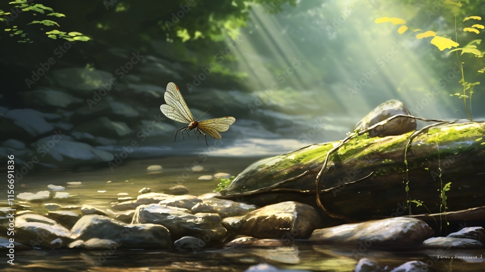 Poster a close up view of a delicate mayfly insect resting on a rock by a serene running stream in soft nat