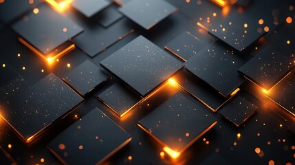 Abstract dark background with glowing squares and particles. (1)
