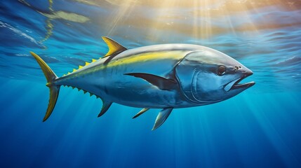 Fototapeta premium Ethereal Yellowfin Tuna Gliding Through Crystalline Ocean Depths A captivating close up view of a majestic yellowfin tuna swimming gracefully through the crystal clear waters of the vast blue ocean