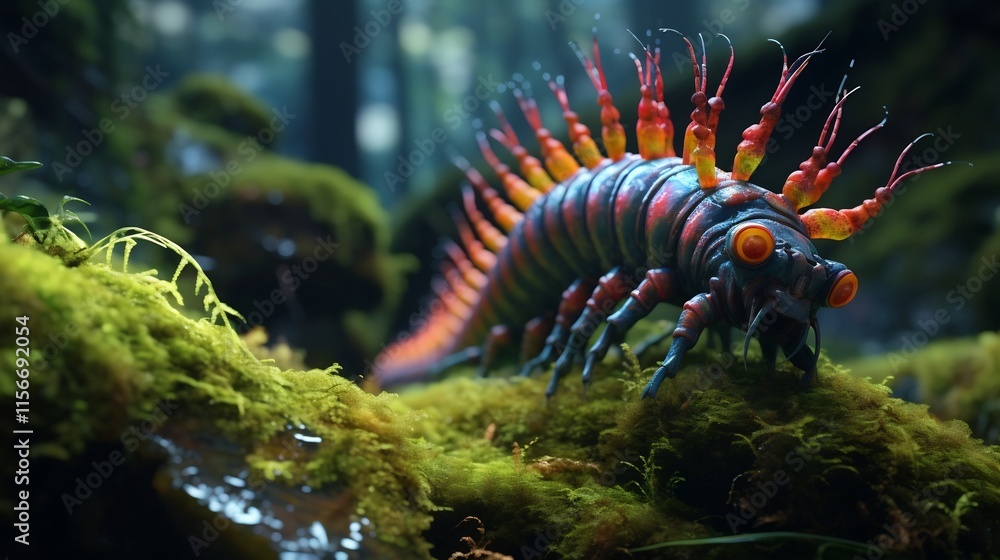 Poster vibrant centipede crawling rhythmically across mossy rocks in a natural environment with intricate d
