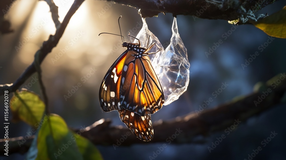 Poster a stunning close up view of a beautiful butterfly gently emerging from its intricate chrysalis showc
