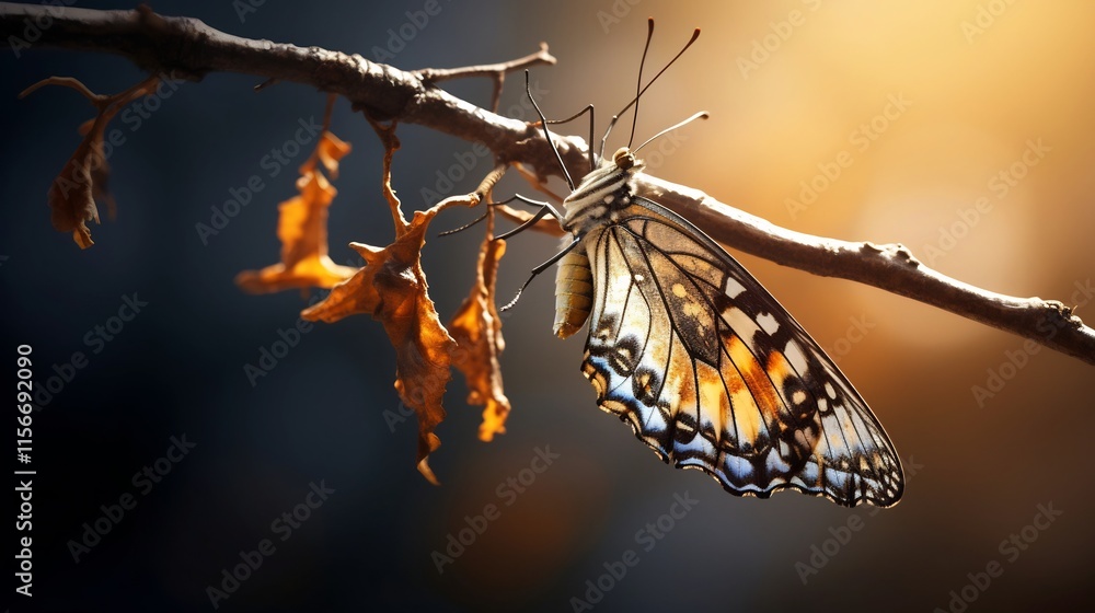 Poster closeup of a beautiful butterfly emerging from its chrysalis perched on a twig in a macro perspectiv