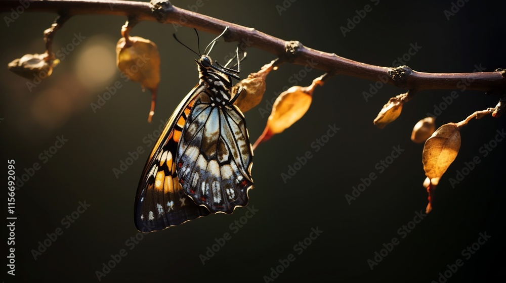 Poster stunning macro view of a beautiful butterfly emerging from its chrysalis delicately perched on a twi